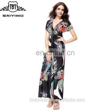 2016 BAIYIMO Womens Batwing Sleeve Deep V Neck Printed Boho Beach Maxi Dress Plus Size