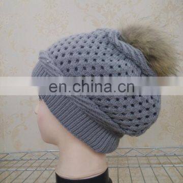 Real Wool Knitted With Raccoon Fur Pompom Beanie Hat Pretty Wool Knitted Raccoon Fur Ball Hat photo-2