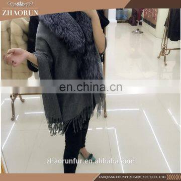 100% Real Thick Pashmina Shawl Large Fur Cape With Fox Fur Collar photo-3