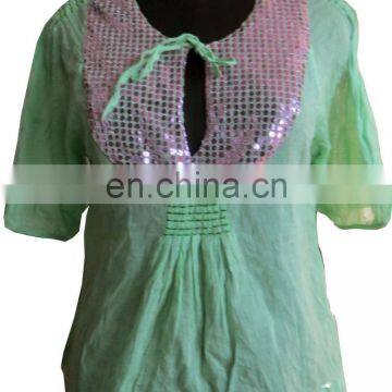 Indian Hand Embroidered Cotton Top Women Tunic Sequnce Dress Short Kaftan