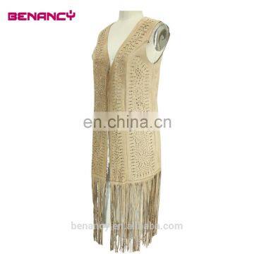 Wholesale Camel Color Laser Cut Suede Long Cardigan With Fringe photo-2