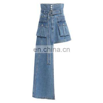 TWOTWINSTYLE Women Denim Skirt High Waist With Sashes Patchwork Loose Streetwear Asymmetrical