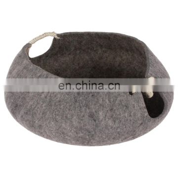 wholesale premium grey portable heated luxury pet wool felt padded cat bed house with rope catnip