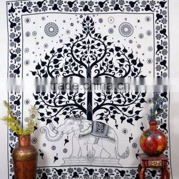 Indian Tapestry Cotton Bedding Bedsheet White Tree Elephant Print Wall Hanging Tapestries Throw Mandala Print