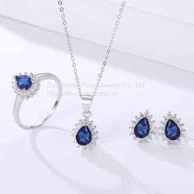 The Platinum Gold Plated 925 Sterling Silver Jewelry Set Rings Inlay Water Drop Sapphire