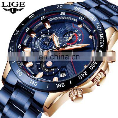 Lige 9982 Top Brand Writs Watches for Men Chronograph Full Steel Waterproof Luxury Watches Men Wrist