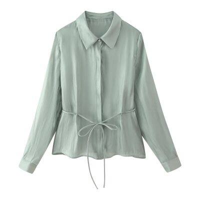 New style women's clothing: Classic butterfly knot embellished shiny effect blouse
