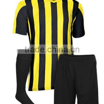 Sublimated Soccer Shirt Shorts and Socks made of 100% Polyester Moisture Wicking fabric with Yellow & Black Vertical Stripes