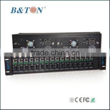 19 inch 2U 16 slots rack-mount media converter fiber optic chassis with two power supply