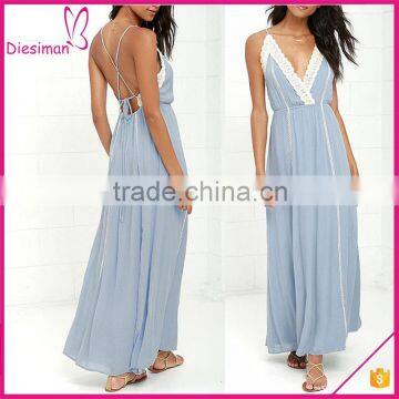 Fashion Design Slender Straps Light Blue Lace Insert Maxi Dress