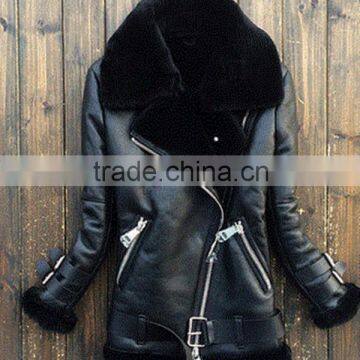 2015 Latest design girls Winter sherpa lined goat leather jacket