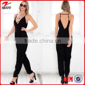 Sexy V neck and V back black elegant jumpsuit women summer 2015