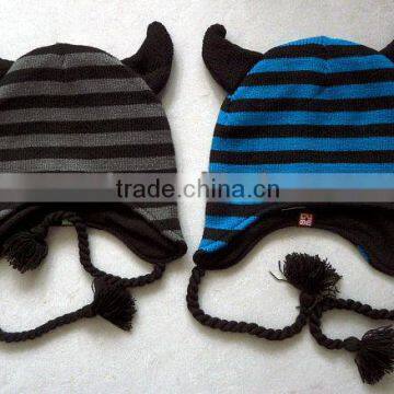 Boy's Fashion Striped Knitted Hat With Braid and Horn