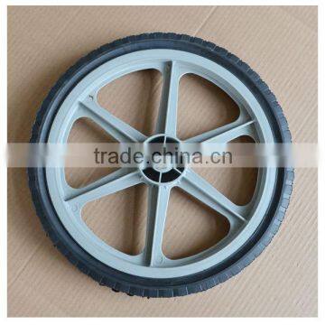 16x1.75 inch semi pneumatic rubber wheel with diamond tread and gray plastic rim for mowers or material handling equipment