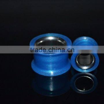 blue silicone ear tunnel plug with steel sleeve jewelry