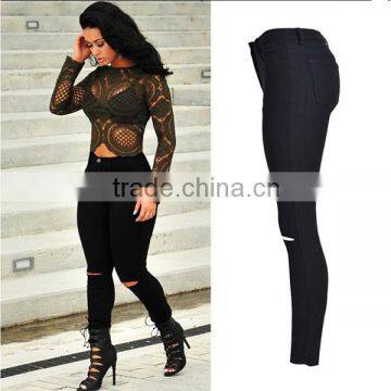 China 2016 Summer Fashion Women Black High Waist Leggings Ladies Knee Holes Pencil Skinny Ripped Jeans Wholesale Price