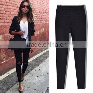China 2016 Summer Fashion Women Black High Waist Leggings Ladies Knee Holes Pencil Skinny Ripped Jeans Wholesale Price