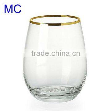 Hand blown clear water glass with gold rim