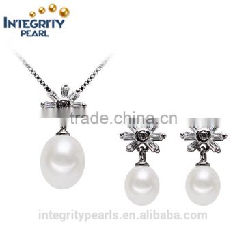 8.5-9mm drop flower shape beautiful natural genuine bride pearl jewelry set