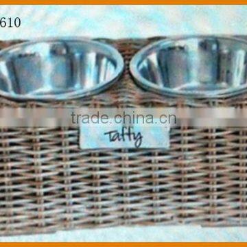 Round Rattan Frame Pet Bowl Aluminum Bowl Double Size