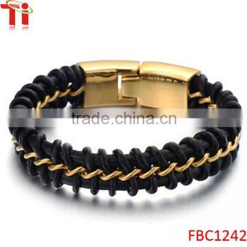 Mens Black Braided Leather Bracelet Interwoven with Gold Curb Chain in Stainless Steel