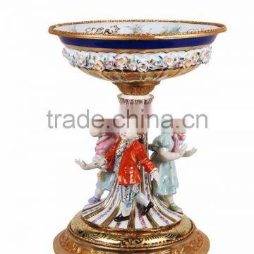 European Character Design Decorative Ceramic Fruit Bowl With Bronze Side Handles, Blue&white Porcelain and Brass Compote/Planter photo-4