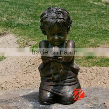 Bronze small boy sculpture playing a frog statue