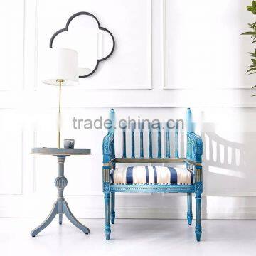 Antique Handmade Solid Wood Square Back Carving Armchair Painted in Vintage Blue and with Striped Fabric BF12-03294b