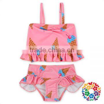 Hot Pink Ice Cream Designs Baby Swim Suit Kids Ruffle Swim Wear Sunshine Beach 2pc Girls Swimwear Set