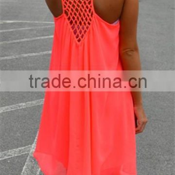 Sexy Womens Dresses Summer Casual Sleeveless coral hot color Chiffon Hollow Out dress Party Beach Dress 2015 Hotsale