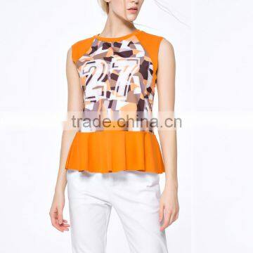 Promotional Top Quality Knitted Wear Popular Printed Ruffle Hem Model Women's Simple Blouse With Sleevless photo-4