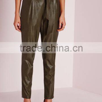 New Arrival Khaki Tie Waist Faux Leather Pants Women photo-3