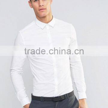 Guangzhou High Quality Custom Long Sleeve Spread Collar Mens 97% Cotton 3% Elastane Stretch Skinny Fit Casual White Solid Shirts