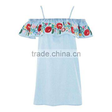 Denim Blue Embroidered New Pattern Clothes off Shoulder Short Jeans Dress Women photo-6