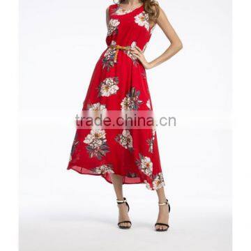 Polyester One-piece Dress big pendulum type & different size for choice & belt & mid-calf printed 86276