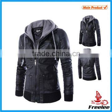 mens soft thin leather hooded pu leather jacket