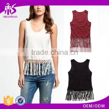 2016 Guangzhou Shandao Fashion Design Summer Casual Sleeveless Tassels Bottom Round Neck White Cotton New Style Top For Girls