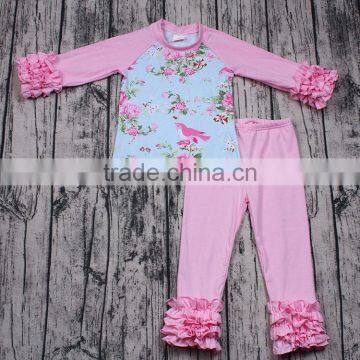 Yawoo cute baby girls bird patterns raglan shirt match icing ruffle leggings wholesale boutique clothing china