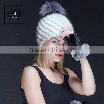 Lady style knitted winter mink fur pom pom beanie hats