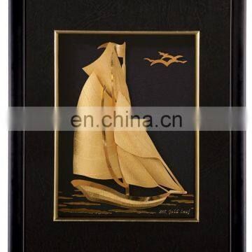 24k gold leaf fame antique round wall mirror with sailing picture made of gold foil banknote