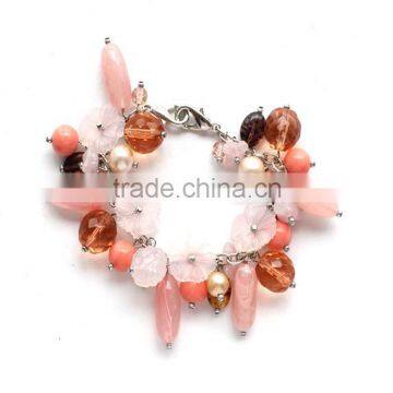 Fashionable women pearl love jewelry pink beaded flower charm bracelets popular