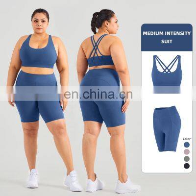 2 Piece High Waist Biker Shorts Set Fitness Gym Plus Size Yoga Suit Sport Sexy Bra