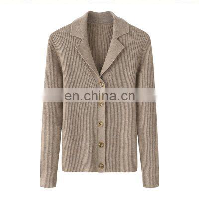 Women's Ribbed Knitted Winter Shirt Slim Fit Cashmere Cardigan with Button Decoration Formal Solid Pattern Factory Wholesale