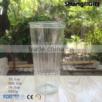 Cylinder Glass Cup 490ml Ribbed Glass Tumbler For Juice