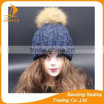 Wholesale woolen knit cap and hat with real raccoon fur pompoms winter hat