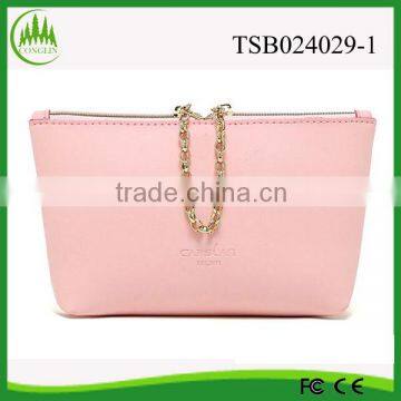 promotional lady large capacity pink cosmetic bag with cute golden metal chain zip