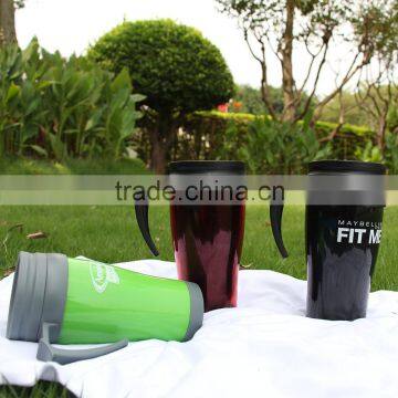 14oz Custom non-spill coffee thermos plastic travel mug with handle and lid