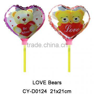 2016Hot Sale heart shaped love bears foil balloon cup stick shaped helium balloon for wedding party decoration