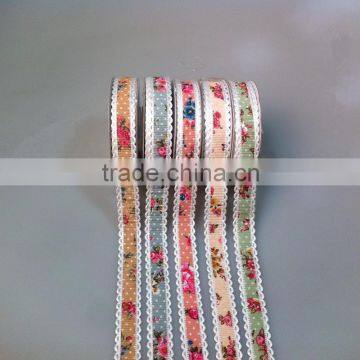 Supply rose floral flower print ribbon, white weave edged ribbon , package decoration ribbon