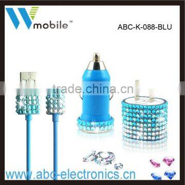 Crystal Bling 3 in1 USB mobile Charger Kits ,Portable Us Standard Charger